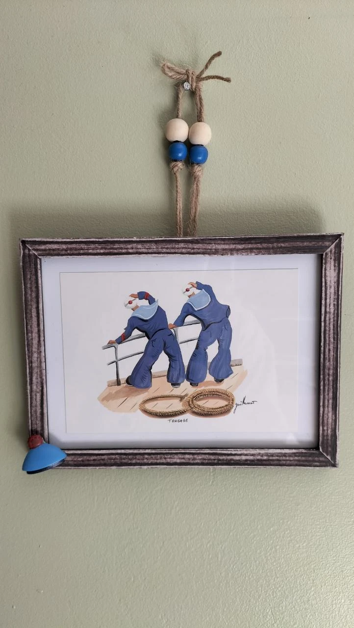 Cadre à suspendre, peinture à l'aquarelle; marins